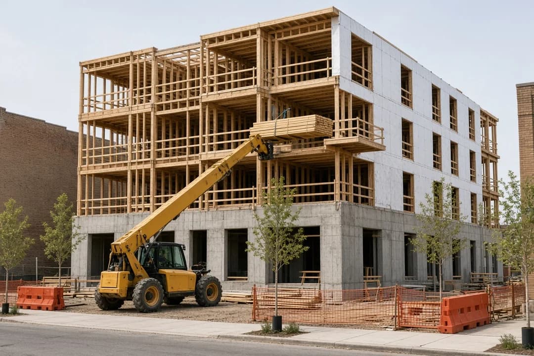 Telehandler lifting lumber to a wood-frame mid-rise building behind orange barriers in Carrollton, Texas