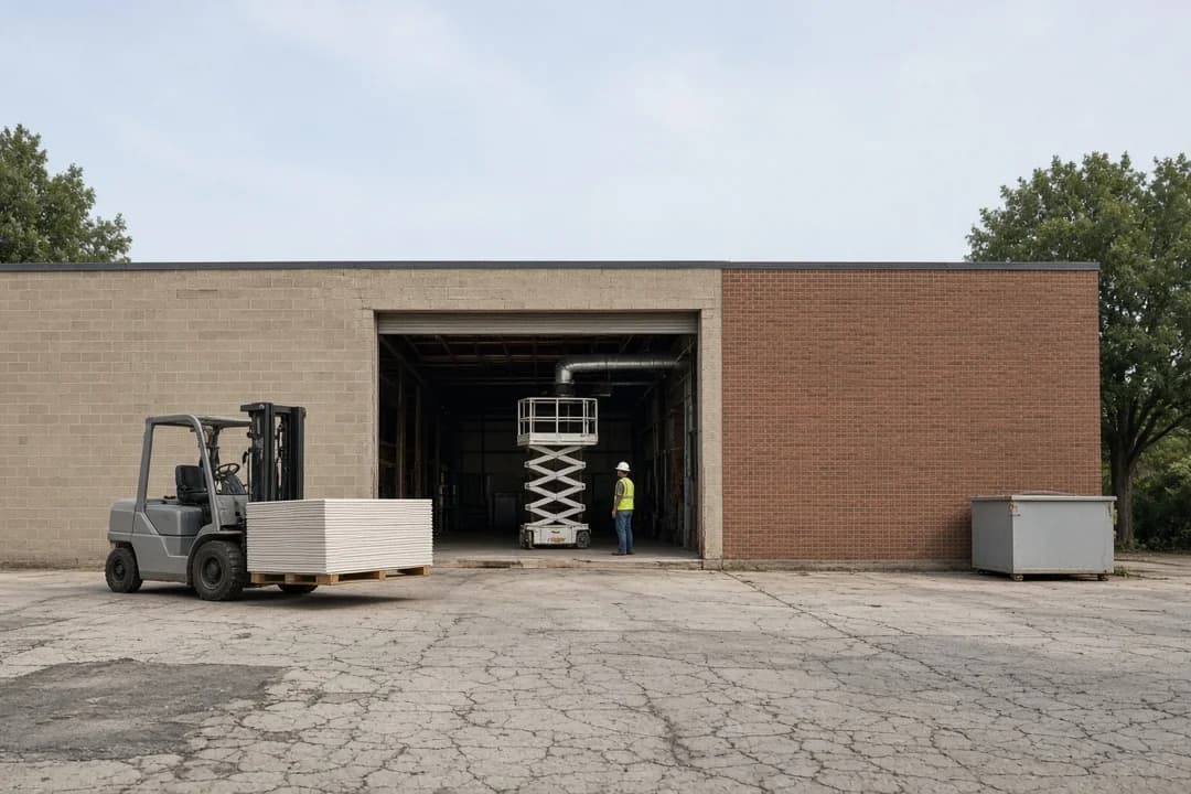 Forklift carrying a pallet beside a scissor lift at the open warehouse bay of an older masonry building in Garland, Texas