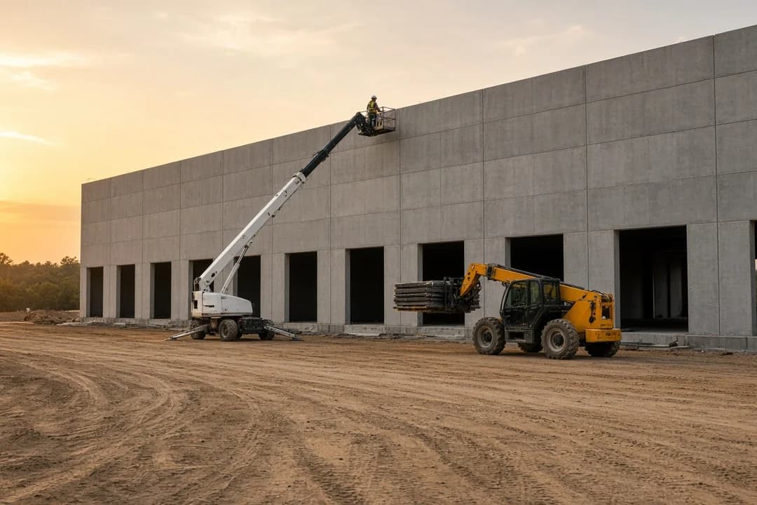 Telescopic boom lift and telehandler at a new tilt-wall concrete warehouse on a dirt pad in Grand Prairie, Texas