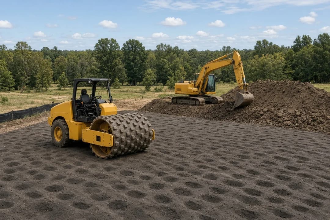 Padfoot soil compactor on a prepared dirt pad with an excavator on a soil pile behind it in Mesquite, Texas