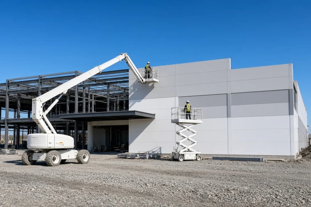 Telescopic boom lift and scissor lift with workers at the wall of a steel-frame building on a gravel lot