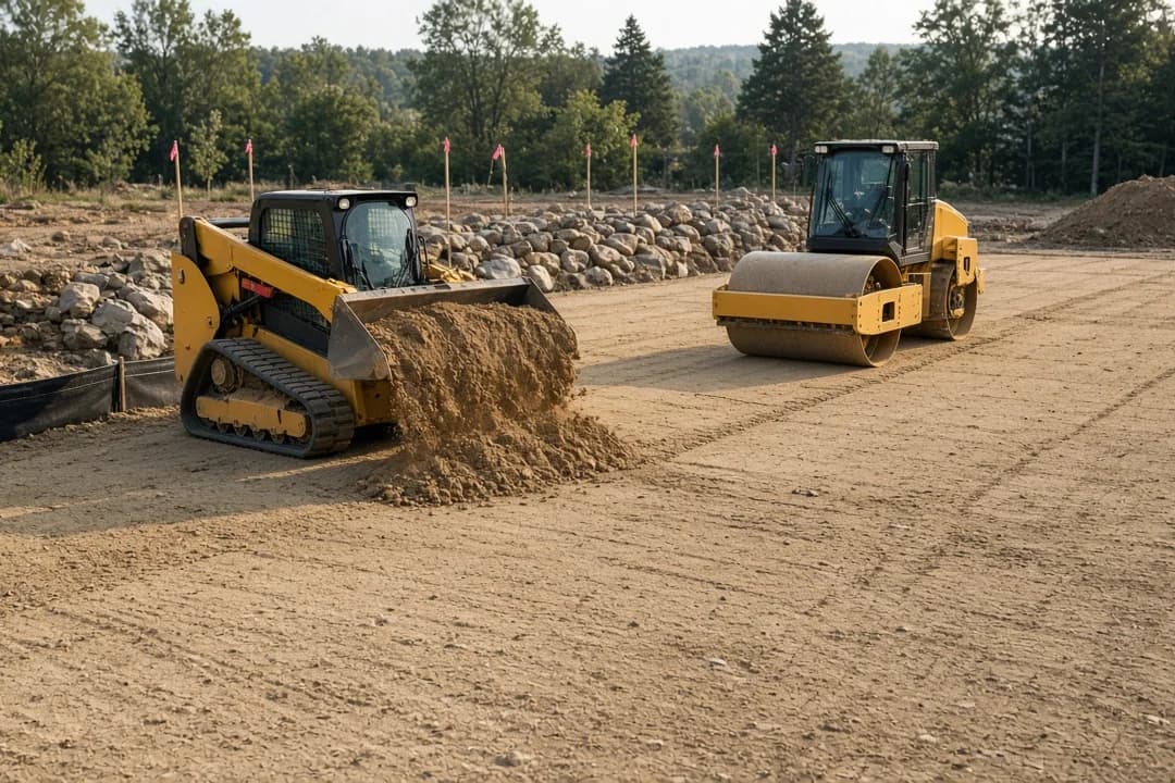 Compact track loader moving dirt beside a smooth-drum roller on a graded building pad
