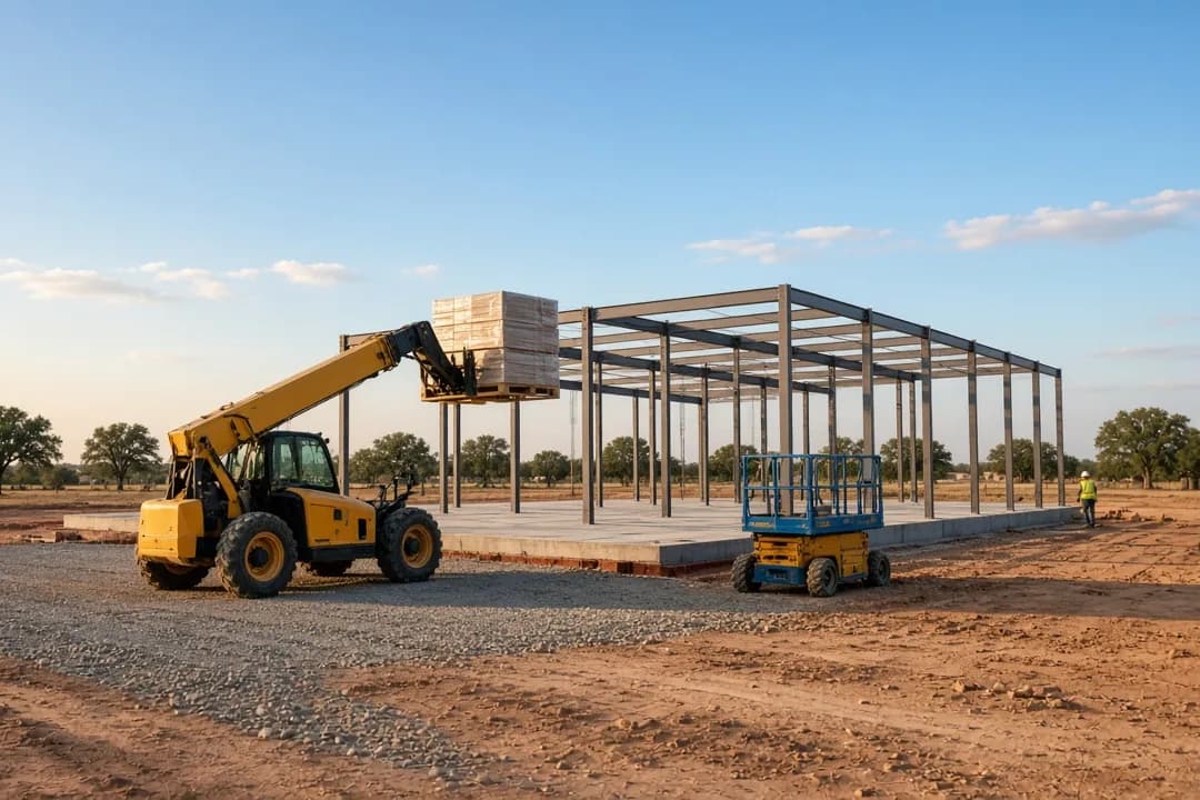 Telehandler placing a pallet beside a steel-frame commercial building on a clay pad in Arlington, Texas