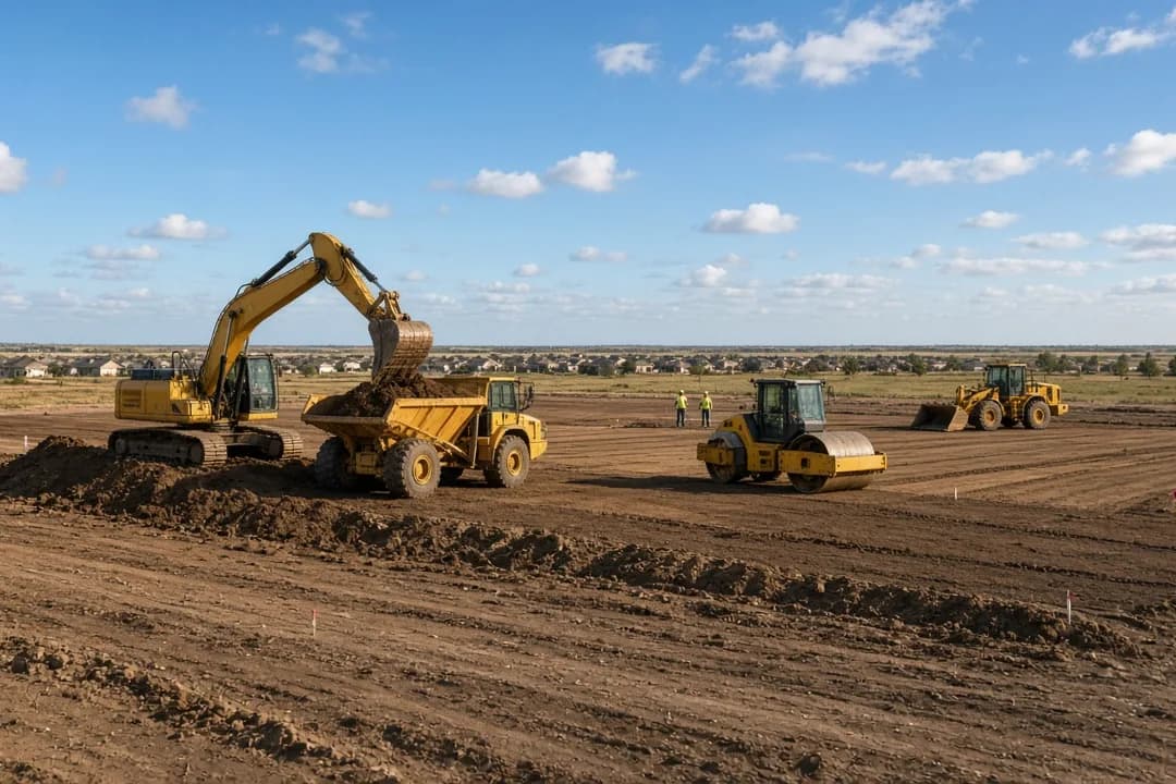 Excavator loading a dump truck beside a roller and wheel loader on a large graded development site in Frisco, Texas