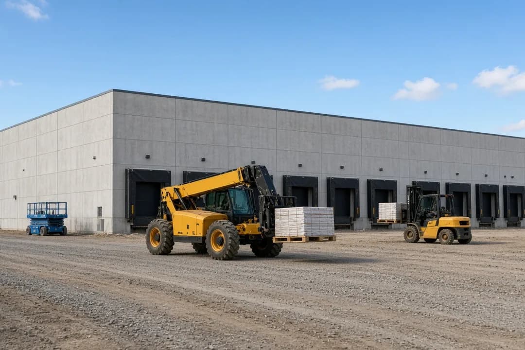 Telehandler and forklift moving pallets in the gravel yard of a new tilt-wall warehouse in Irving, Texas