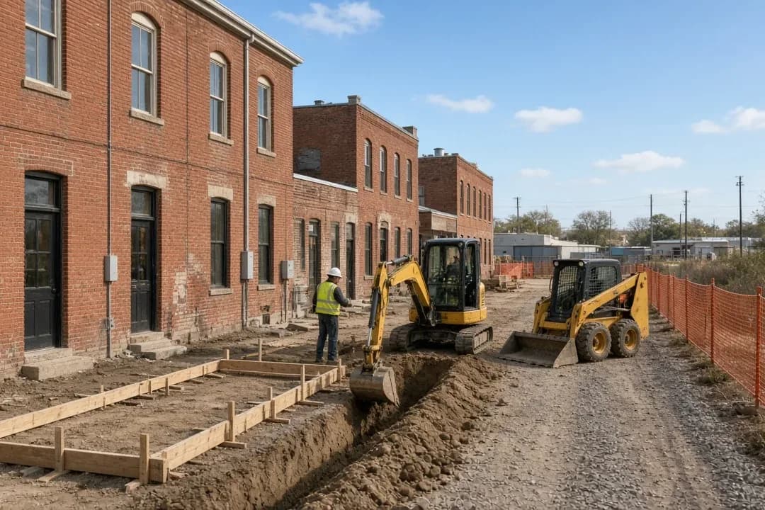Mini excavator trenching beside concrete forms and a skid steer next to historic brick buildings in McKinney, Texas
