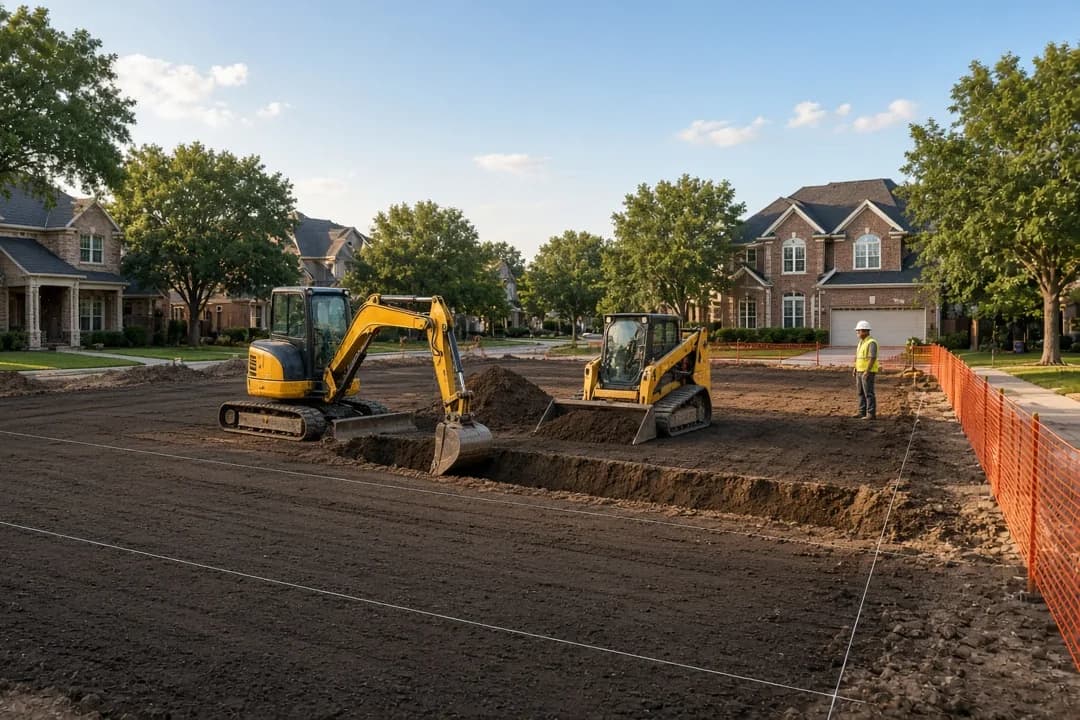 Mini excavator digging a footing trench beside a compact track loader on an infill lot between homes in Plano, Texas