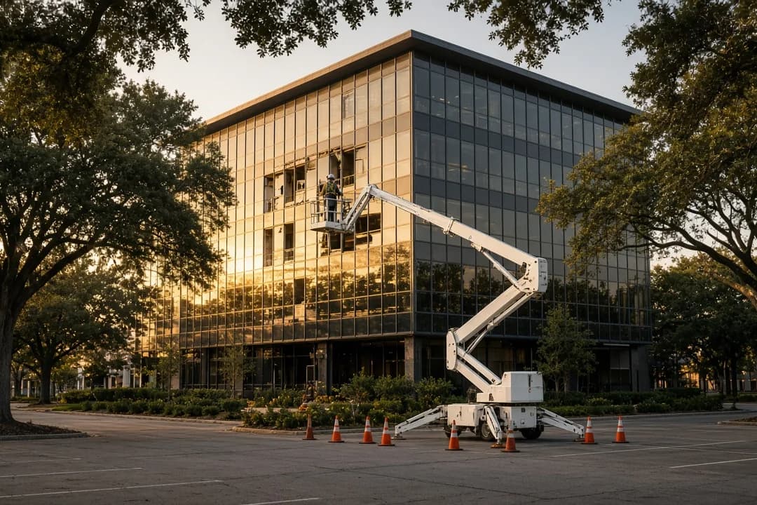 Articulating boom lift behind safety cones at a glass office building at golden hour in Richardson, Texas