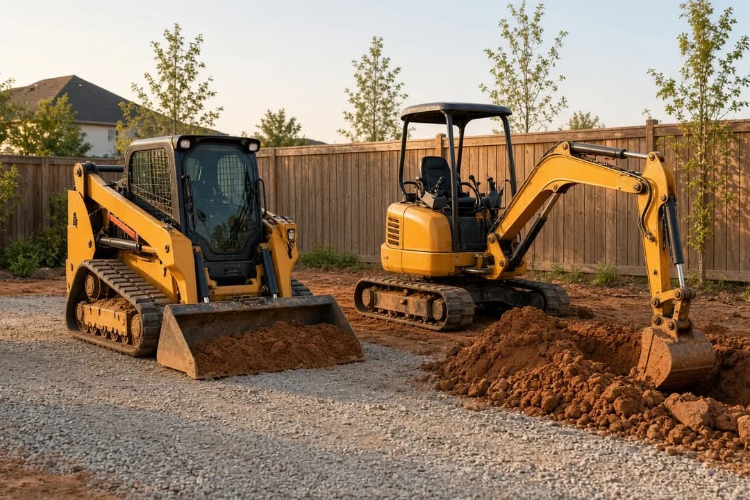 Compact track loader with a loaded bucket beside a mini excavator digging in a fenced residential backyard