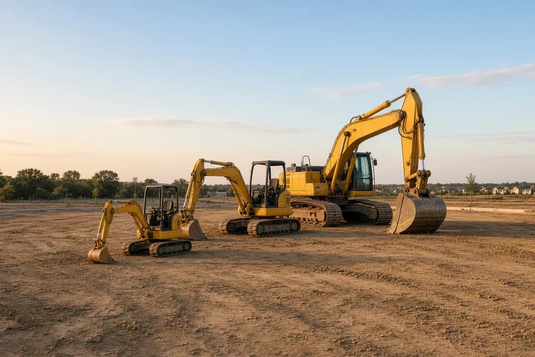 Three excavators, from mini to full-size, lined up on a graded dirt site with homes in the distance